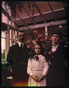 10406117
Autochrome of Hugh, Ethel and Kathleen in the Greenhouse,  c 1910.
