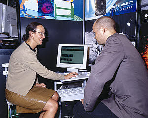 10326473
&copy; Science Museum
Science & Society Picture Library stand at a trade fair, London, 2001.