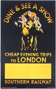 10174951
&copy; National Railway Museum
Dine & See a Show - Cheap Evening Trips to London', SR poster, 1936.