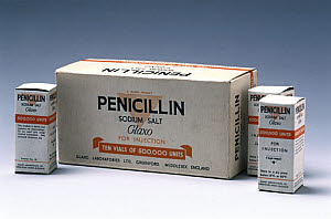 10315478
&copy; Science Museum
Penicillin specimen with original packaging, c 1950.