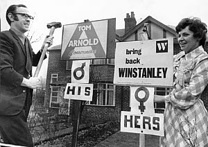 10458118
&copy; Manchester Daily Express
Husband and wife support different political parties, February 1974.