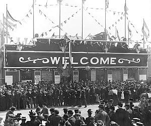 10446321
&copy; National Railway Museum
Crowds outside Poplar Station, London, 22 May 1897.
