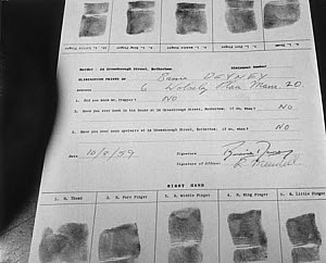 10322738
&copy; Manchester Daily Express
Fingerprints taken during a murder investigation, 10 August 1959.