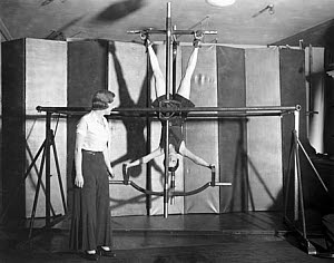 10321848
&copy; NMeM Daily Herald Archive
Woman on a gyro wheel, Fortnum and Mason, London, February 1932.