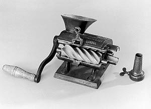 10182365
Sausage making machine, 1859. Hand-operated