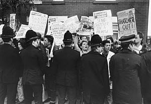 10455769
&copy; Manchester Daily Express
Socialist students protesting over the visit of Margaret Thatcher, 22 May 1987.
