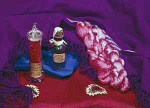 10277304
&copy; Science Museum
A selection of early synthetic dyes and dyed material, mid 19th century.