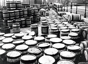 10328006
&copy; NMeM - Kodak Collection
Storage barrels for fish lined up. England, 1910s.