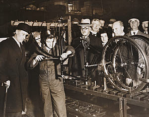 10459523
&copy; NMeM Daily Herald Archive
Finishing touches being put to 3 millionth Hercules bicycle, 1934.