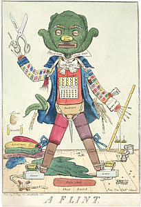 10422296
&copy; Science Museum Pictorial
�A Flint�: Personification of a tailor at work made using tailoring artefacts, 1811.