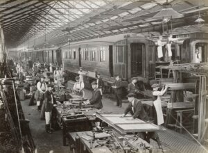 10451602
&copy; National Railway Museum
Coach repairing at Doncaster works, South Yorkshire, c 1916.