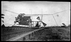 10423903
&copy; Science Museum
Maxim's flying machine on its launch track, seen from behind, 1894.