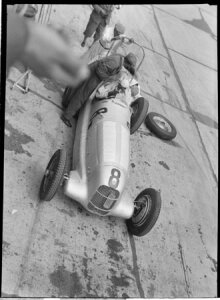10461705
&copy; NMPFT - Zoltan Glass
Hans Geier at the wheel of a Mercedes-Benz, Nurburgring, 1930s.