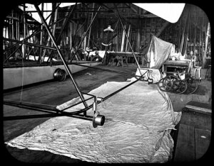 10423909
&copy; Science Museum
Outrigger wheels on Maxim's flying machine during assembly, 1894.