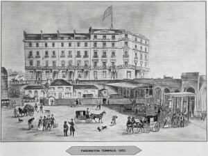 10199022
&copy; National Railway Museum
'Paddington Terminus', 1850.