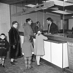 10442724
&copy; National Railway Museum
Passengers at the ticket office at Benfleet station, Essex, 1 February 1962.