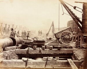 10437927
&copy; Science Museum Archive
Laying timber on the Metropolitan District Railway, London, c 1868.