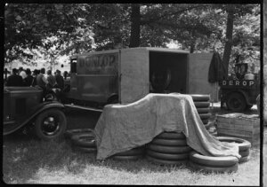 10462428
&copy; NMPFT - Zoltan Glass
Dunlop tyres stacked and covered, Berlin, 1932.