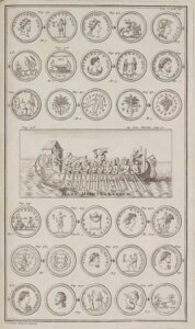 10415743
&copy; Science Museum Library
Men rowing across the Mediterranean, and Greek and Roman coins, 1723.