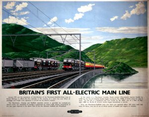 10174059
&copy; NRM - Pictorial Collection
'Britain's First All-Electric Main Line', BR poster, 1955.