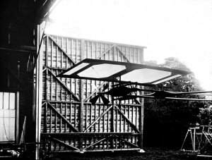 10423878
&copy; Science Museum
Model of Maxim�s flying machine on a whirling arm test jig, c 1890s.