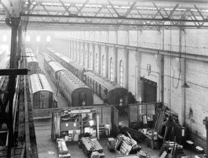 10444487
&copy; National Railway Museum
Carriages at Newton Heath Works, Greater Manchester, 6 March 1927.