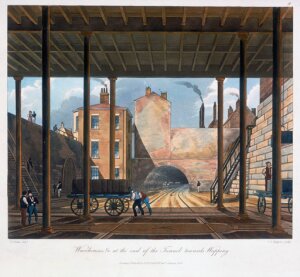 10325095
&copy; NRM - Pictorial Collection
�Warehouses and Works at the End of the Tunnel towards Wapping�, 1831.