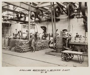10451595
&copy; National Railway Museum
Workers using drilling machines, South Yorkshire, c 1916.